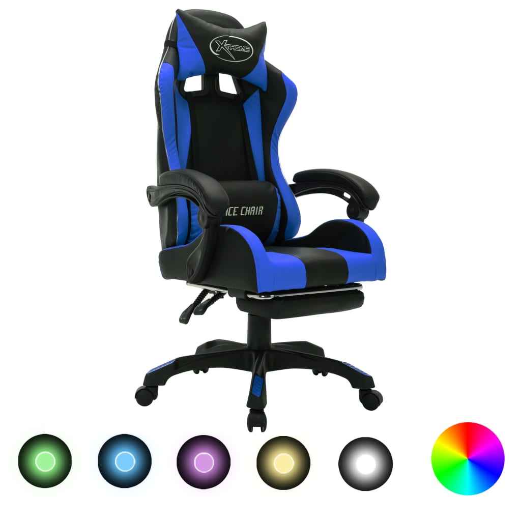 vidaXL Cadeira estilo corrida c/ luzes LED RGB couro artif. azul/preto